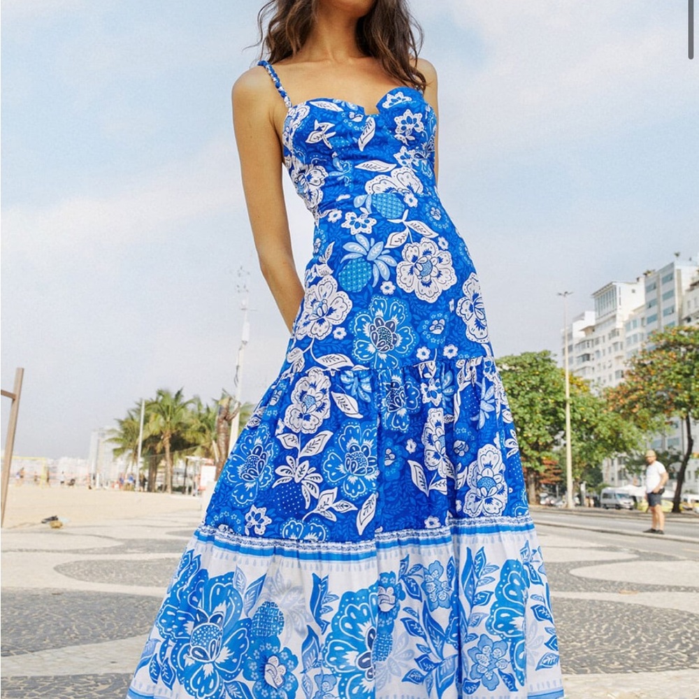 Farm Rio Blue Full of Flowers Organic Cotton Midi Dress